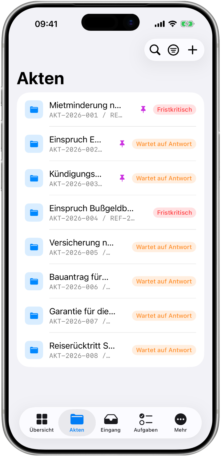Aktenliste mit Status, Kategorien und angehefteten Vorgängen