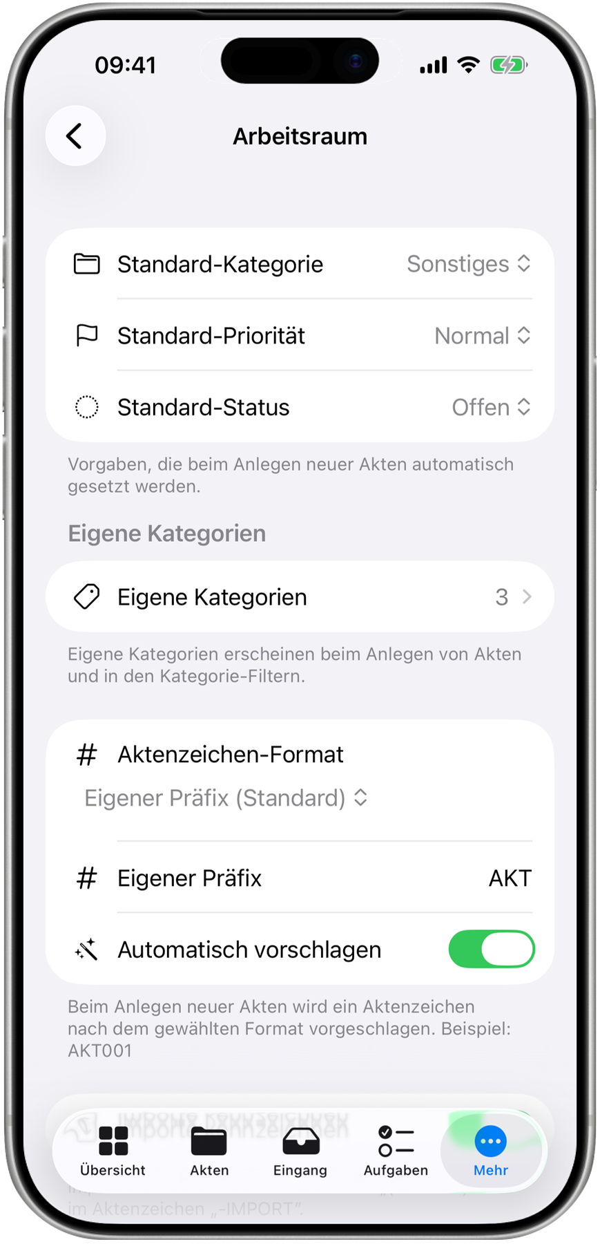 Arbeitsraum-Einstellungen mit Standardvorgaben, eigenen Kategorien und Aktenzeichen-Format