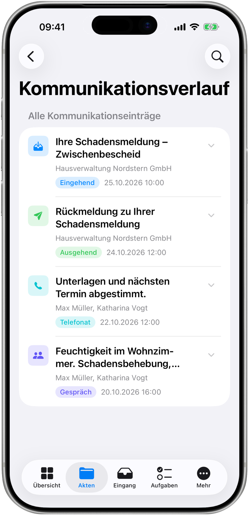 Kommunikationsverlauf einer Akte mit Briefen und Gesprächsnotizen