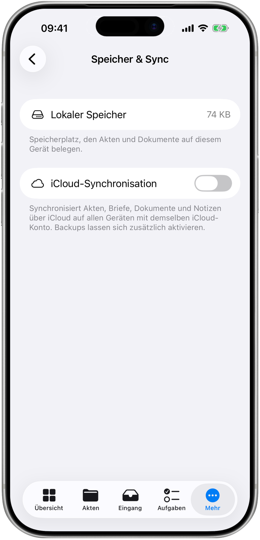 Speicher und iCloud-Synchronisation in den Einstellungen der Aktenverwaltung