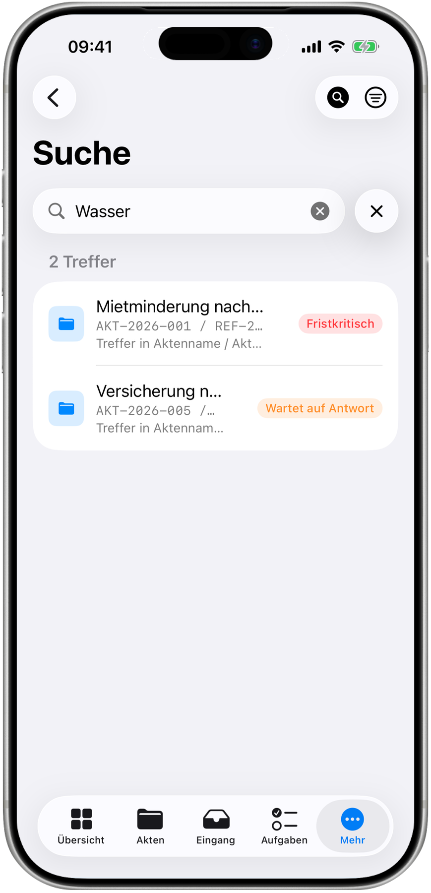 Suche über Akten, Beteiligte und Inhalte mit Trefferliste