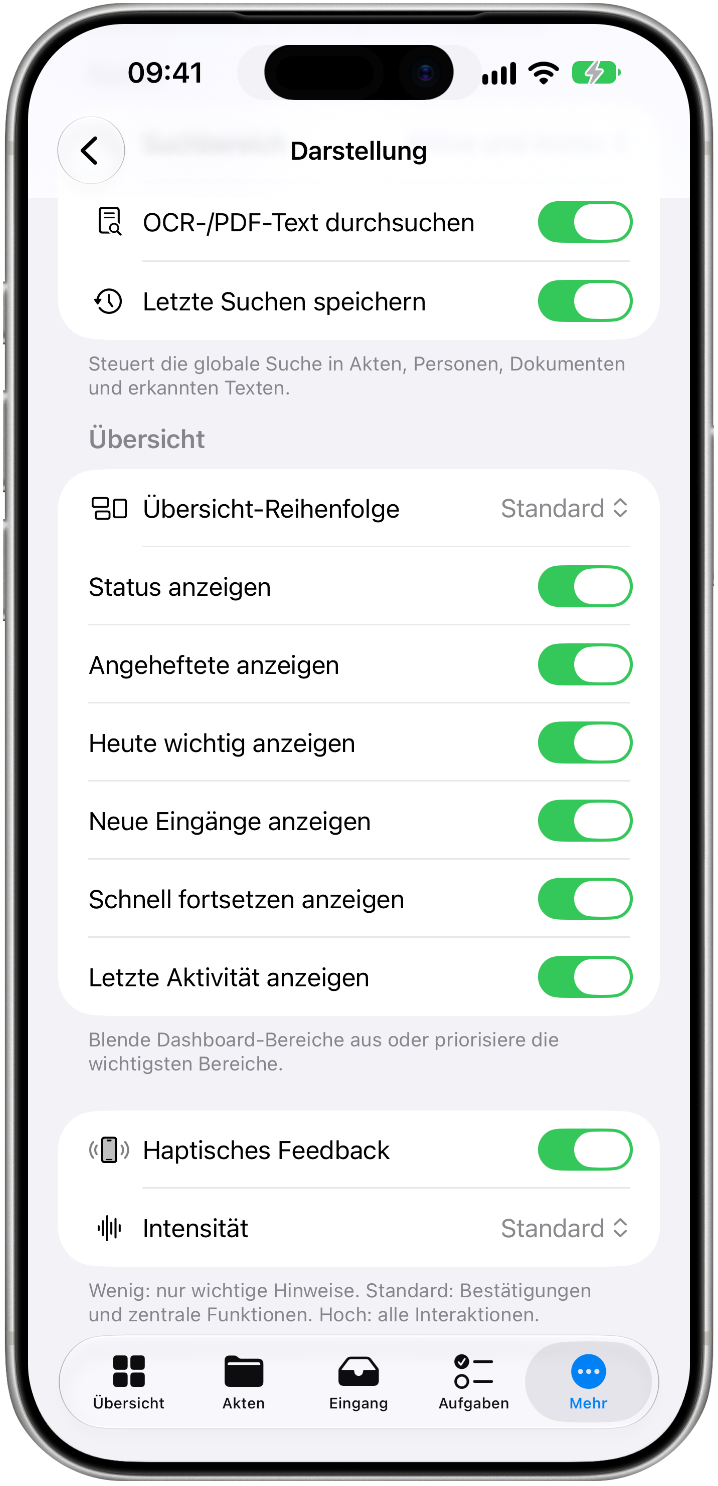 Aktenverwaltung – Einstellungen für Darstellung und haptisches Feedback