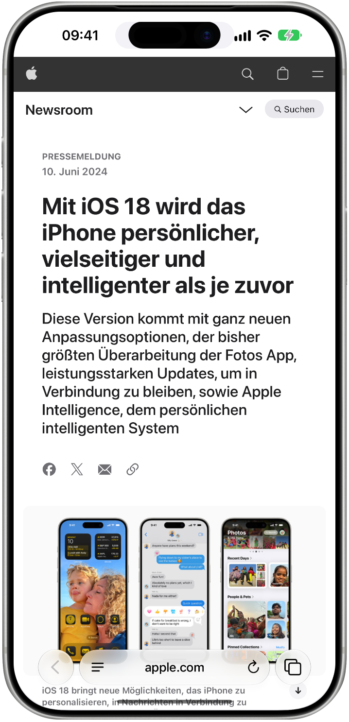 Apple Newsroom zur Ankündigung von iOS 18, geöffnet in Safari auf dem iPhone