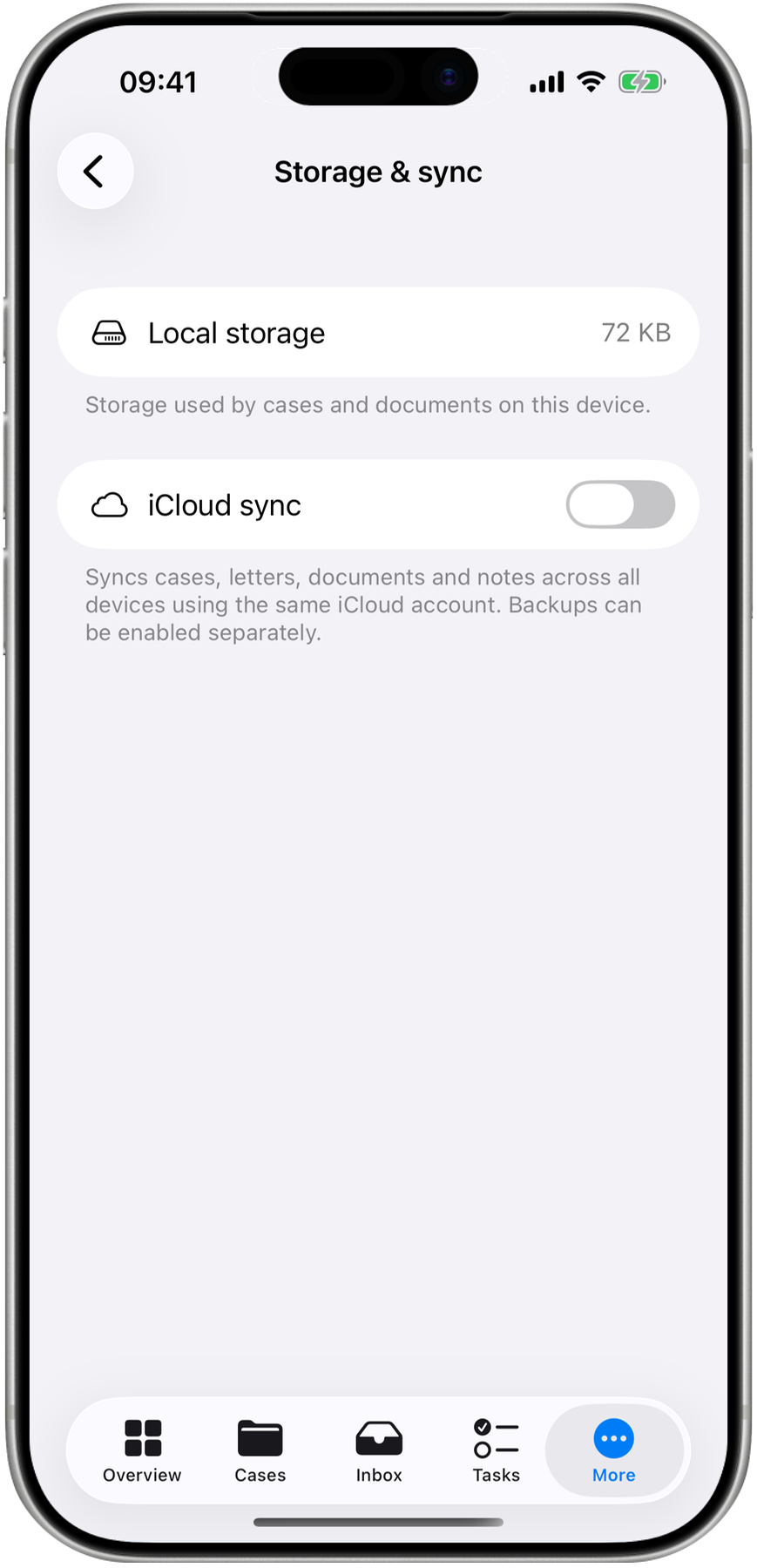 Speicher und iCloud-Synchronisation in den Einstellungen der Aktenverwaltung