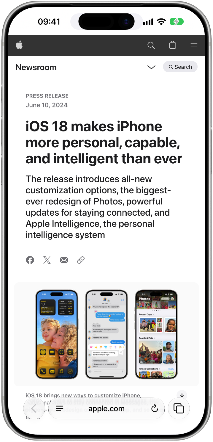Apple Newsroom zur Ankündigung von iOS 18, geöffnet in Safari auf dem iPhone